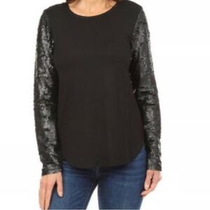 Cupio black sequin long sleeves pull over soft bodice top blouse Sz M